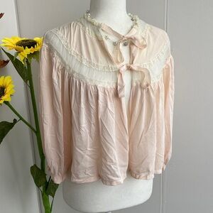 Vintage 40s 50s Pastel Pink Romantic Ruffly Lightweight Tie Front Bed Jacket